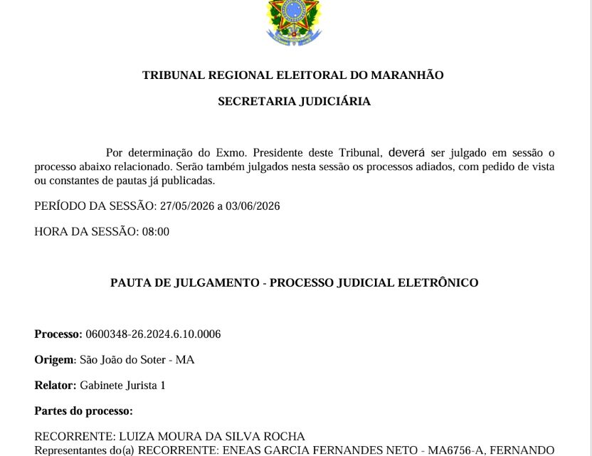 Ex-prefeita de São João do Sóter, Luiza Rocha deve voltar a ser julgada nos próximos dias pela Justiça Eleitoral. Ela já foi condenada em primeira instância em processo relacionado a suposto abuso de poder.